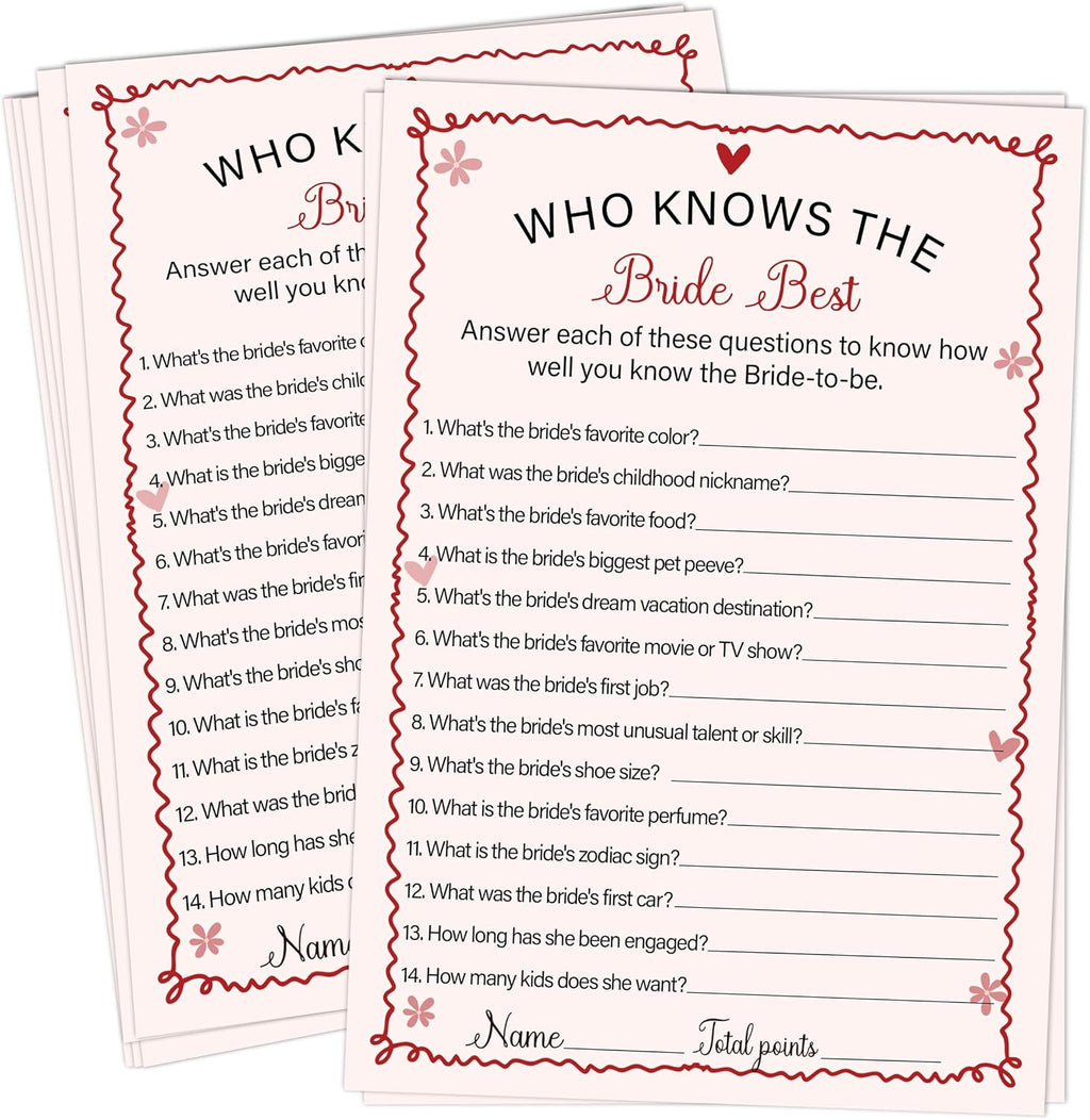 Pink Bridal Shower Games Cards - Who Knows The Bride Best - 30 Fun Wedding Party Game Cards for Bridal Shower, Engagement, Bachelorette & Newlywed Party, Icebreaker Activity Supplies & Decorations
