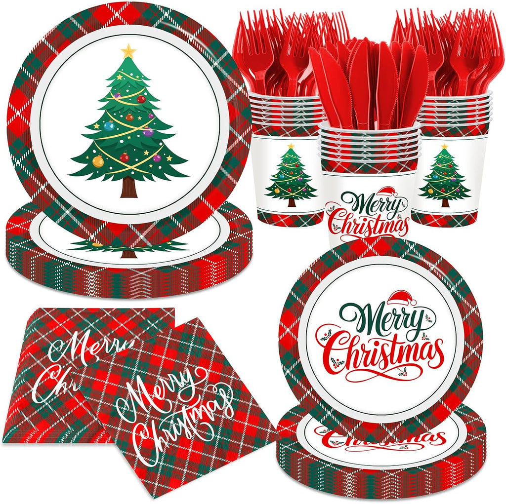 Christmas Plates and Napkins Party Decoration Serve 24, Red Green Merry Christmas Tree Buffalo Plaid Tableware Disposable Paper Plates,Napkins,Cups,Forks,Knives for Xmas Holiday Supplies Decor