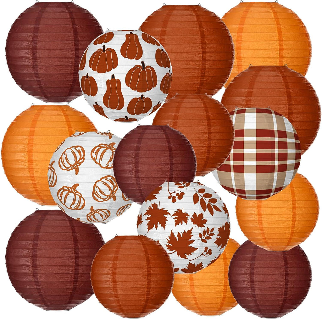 Bencailor 16 Pcs Fall Paper Lanterns Thanksgiving Orange Pumpkin Party Paper Lanterns Round Thankful Maple Leaves Hanging Party Decorations for Autumn Harvest Outdoor Decor (Cut,Warm)