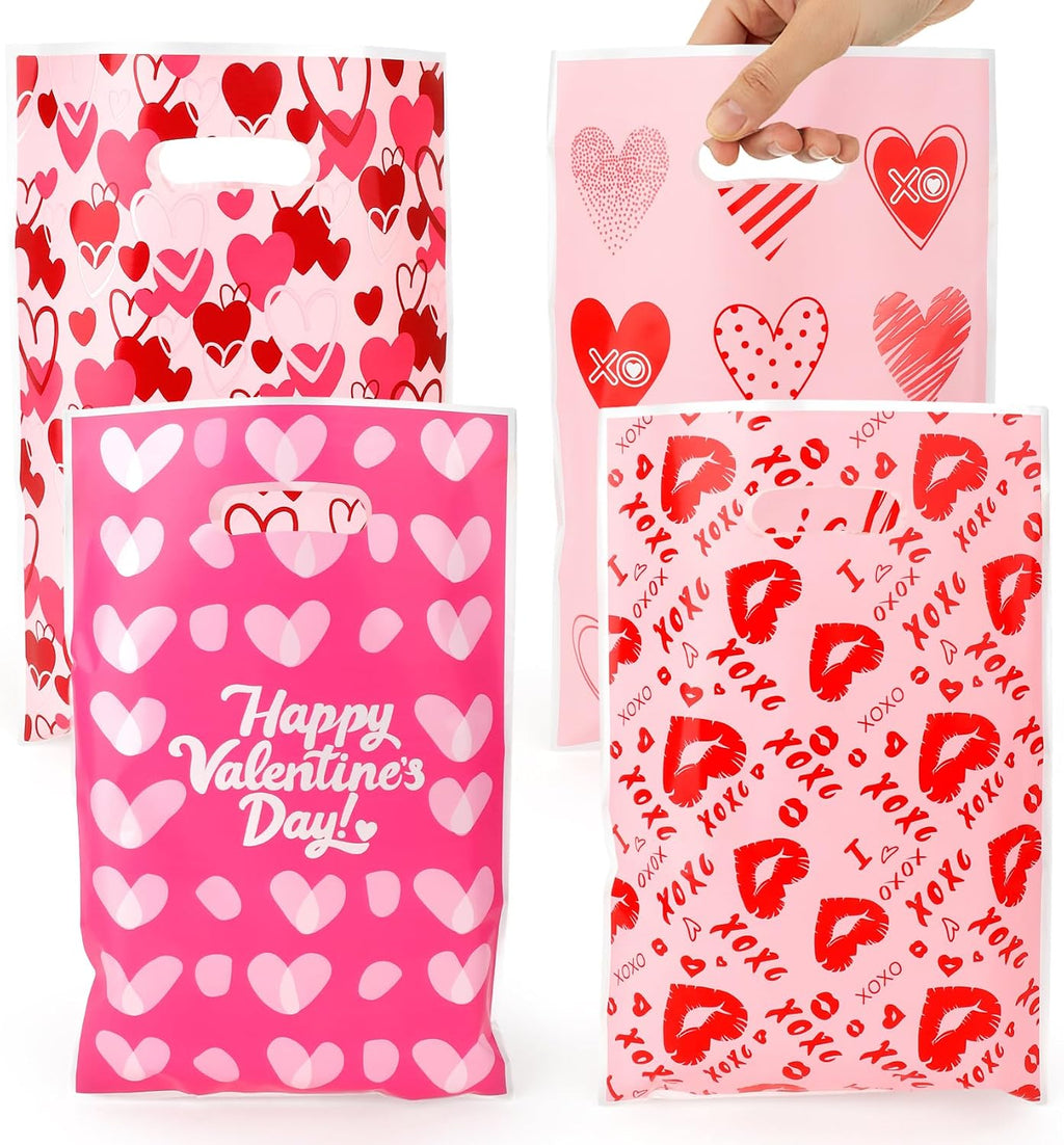 Valentines Treat Bags, 50 PCS Valentines Gift Bags with Handles, 7x10 Inch Plastic Happy Valentine's Day Goodie Cookie Candy Bag for Valentine's Day Wedding Anniversary Engagement Party Favor Supplies