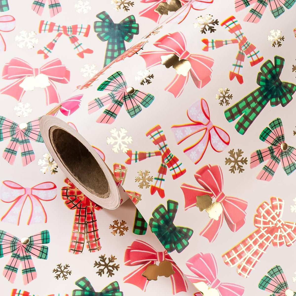 LaRibbons Nutcracker Christmas Wrapping Paper, Red Gold Foil Argyle Plaid
