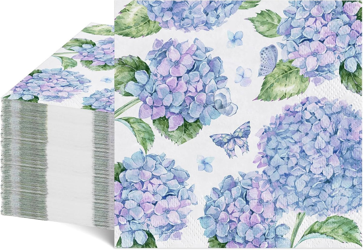 Natnarr 100 Pcs Hydrangea Napkins, 5" Blue Hydrangea Flower Cocktail Napkin