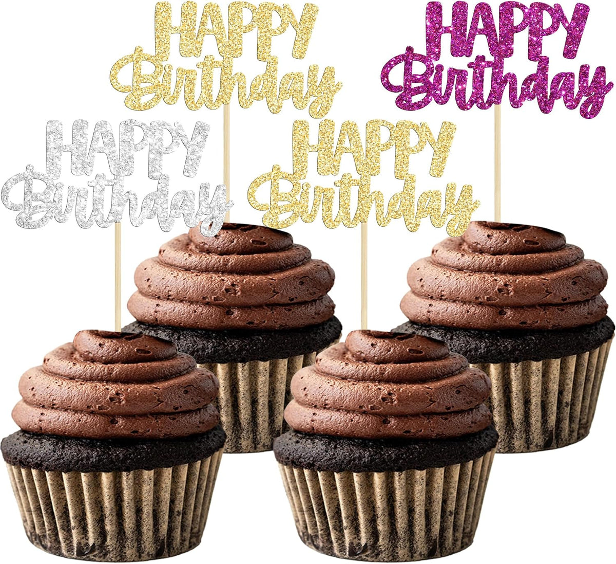 Gyufise 24Pcs Happy Birthday Cupcake Toppers Glitter Birthday Cupcake Food Picks for Celebrating Hunter Theme Party Cake Decorations Supplies Purple Gold Silver