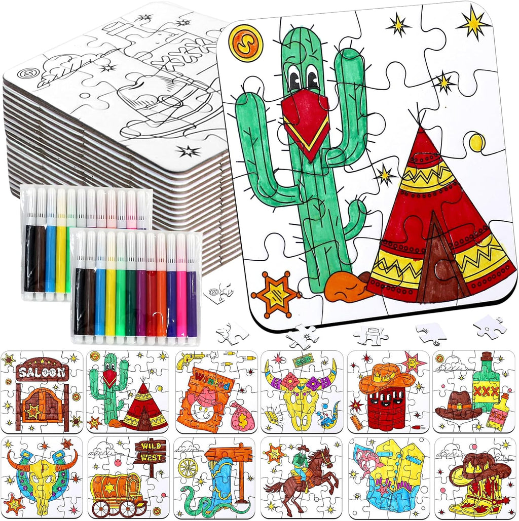 Western Cowboy Coloring Jigsaw Puzzle for Kids-DIY Horse Craft Party Favors