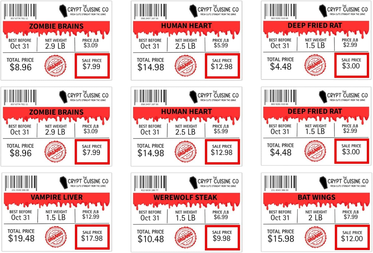 J&J's ToyScape Halloween Meat Tray Labels, 9 Piece Set, Spooky Food Theme Halloween Party Decor, Spooky Food Stickers, Glossy Water-Resistant Vinyl, 3x2 Inch