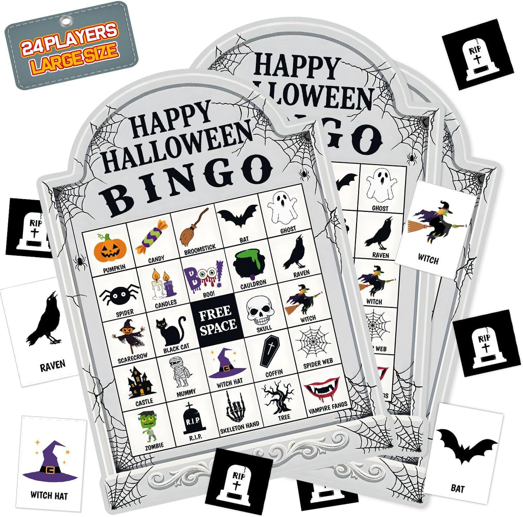 Halloween Bingo Cards for 24 Players - 5" x 7", Tomb Shaped