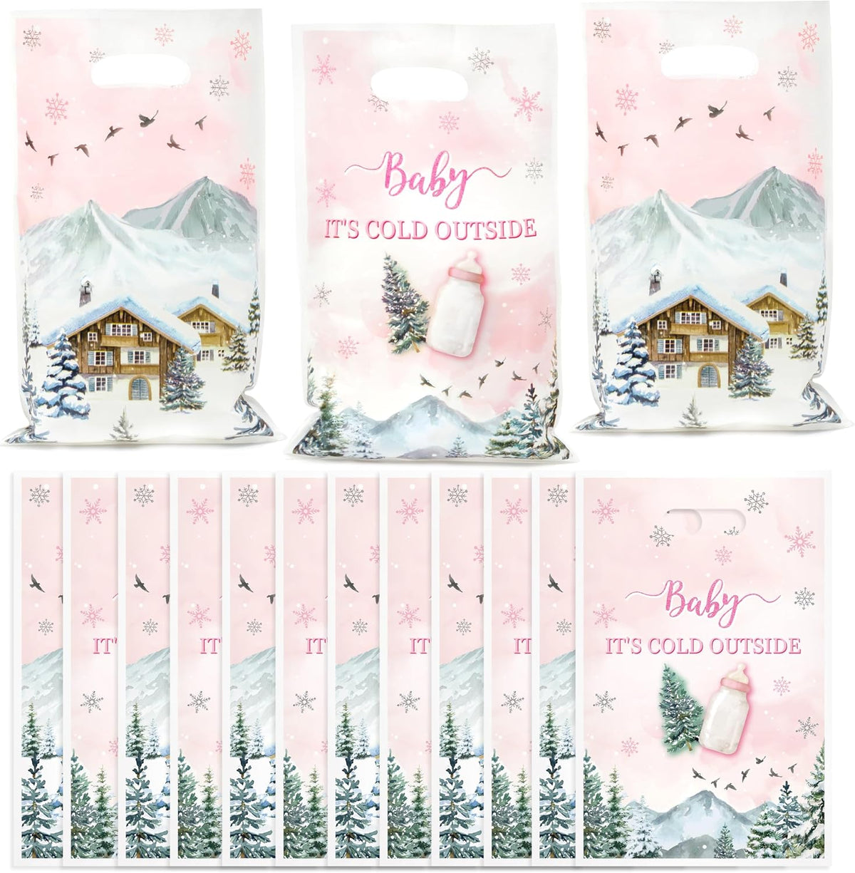 Haooryx Winter Camp Gift Bag - 50Pcs Pink Winter Wonderland Snowflake Adventure Plastic Pack Happy New Year Holiday Gift Wrap Presents Party Favor Goodie Bags Handles Bulk Gifts Wrapping Reusable Tote