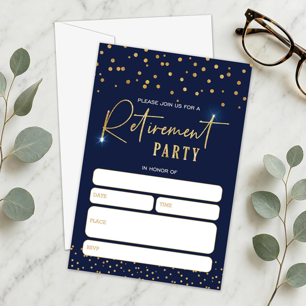 Navy Gold Sparkle Retirement Invitations 25 Pcs