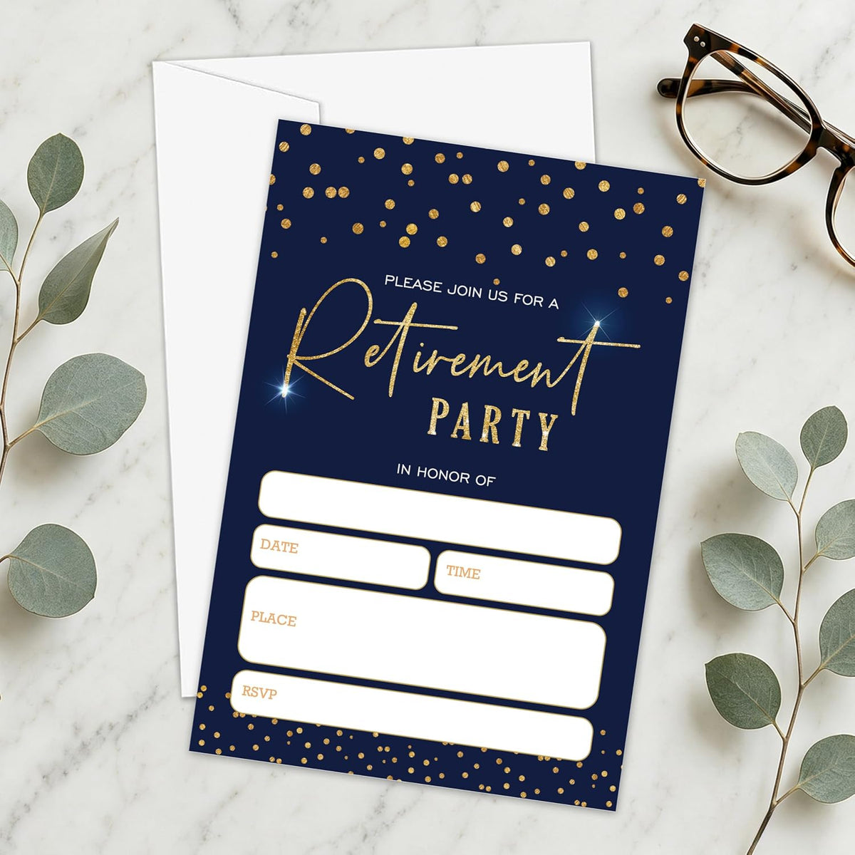 Navy Gold Sparkle Retirement Invitations 25 Pcs