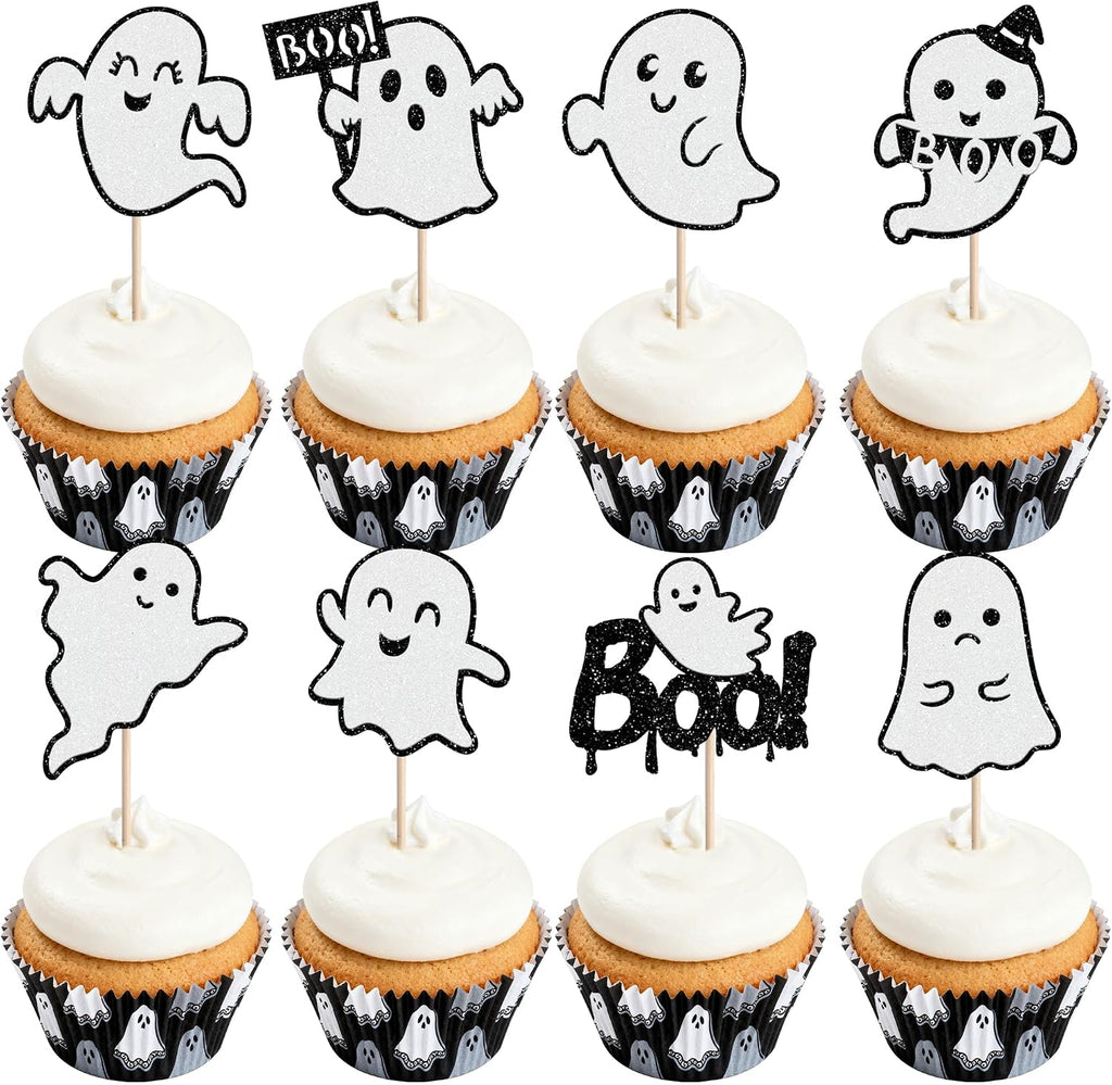 Rsstarxi 24 Pack Glitter Ghost Cupcake Toppers Halloween Party Decorations Ghost Cupcake Picks for Happy Boo Day Birthday Baby Shower Halloween Party Cake Decorations Supplies Black