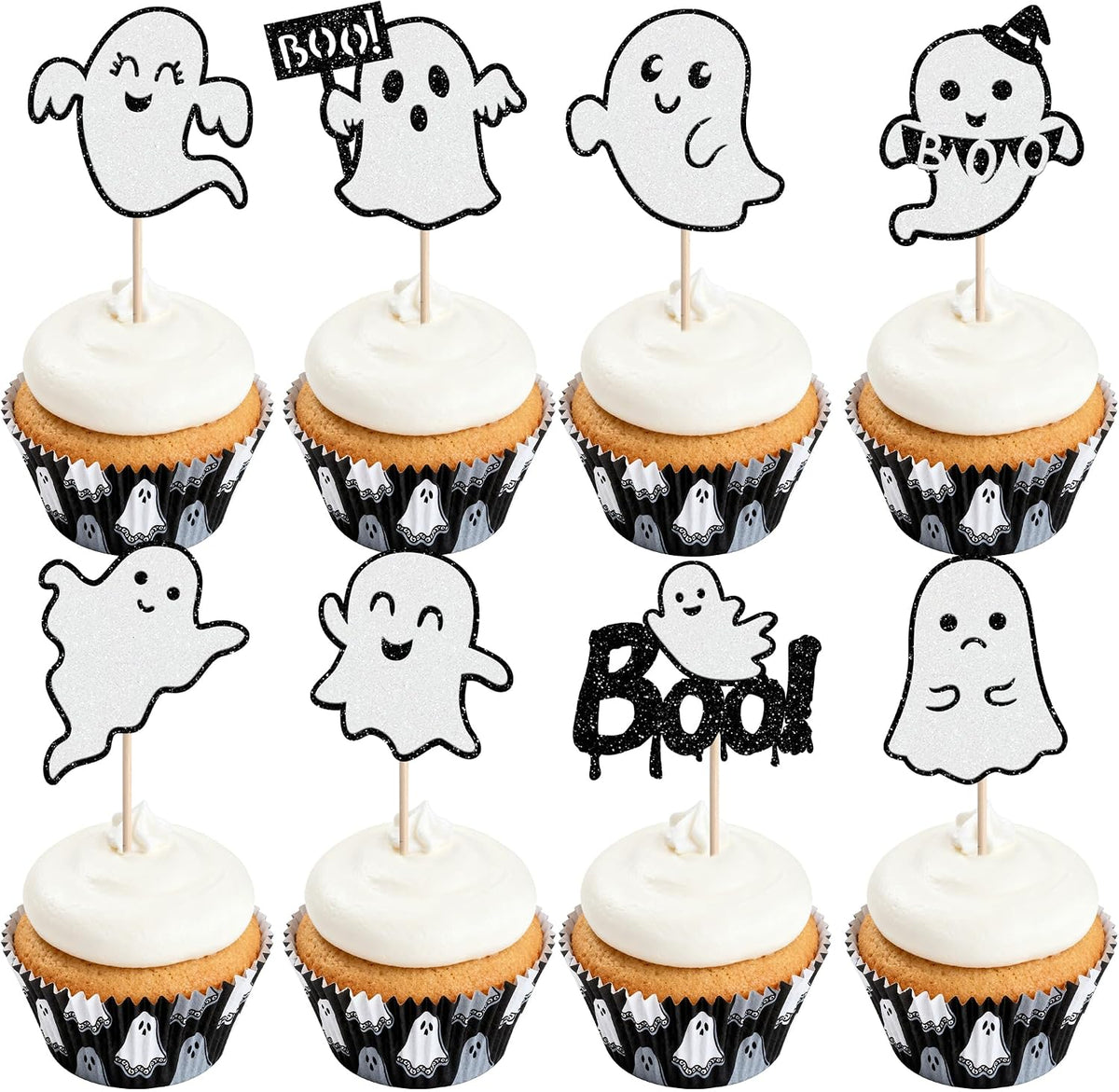 Rsstarxi 24 Pack Glitter Ghost Cupcake Toppers Halloween Party Decorations Ghost Cupcake Picks for Happy Boo Day Birthday Baby Shower Halloween Party Cake Decorations Supplies Black