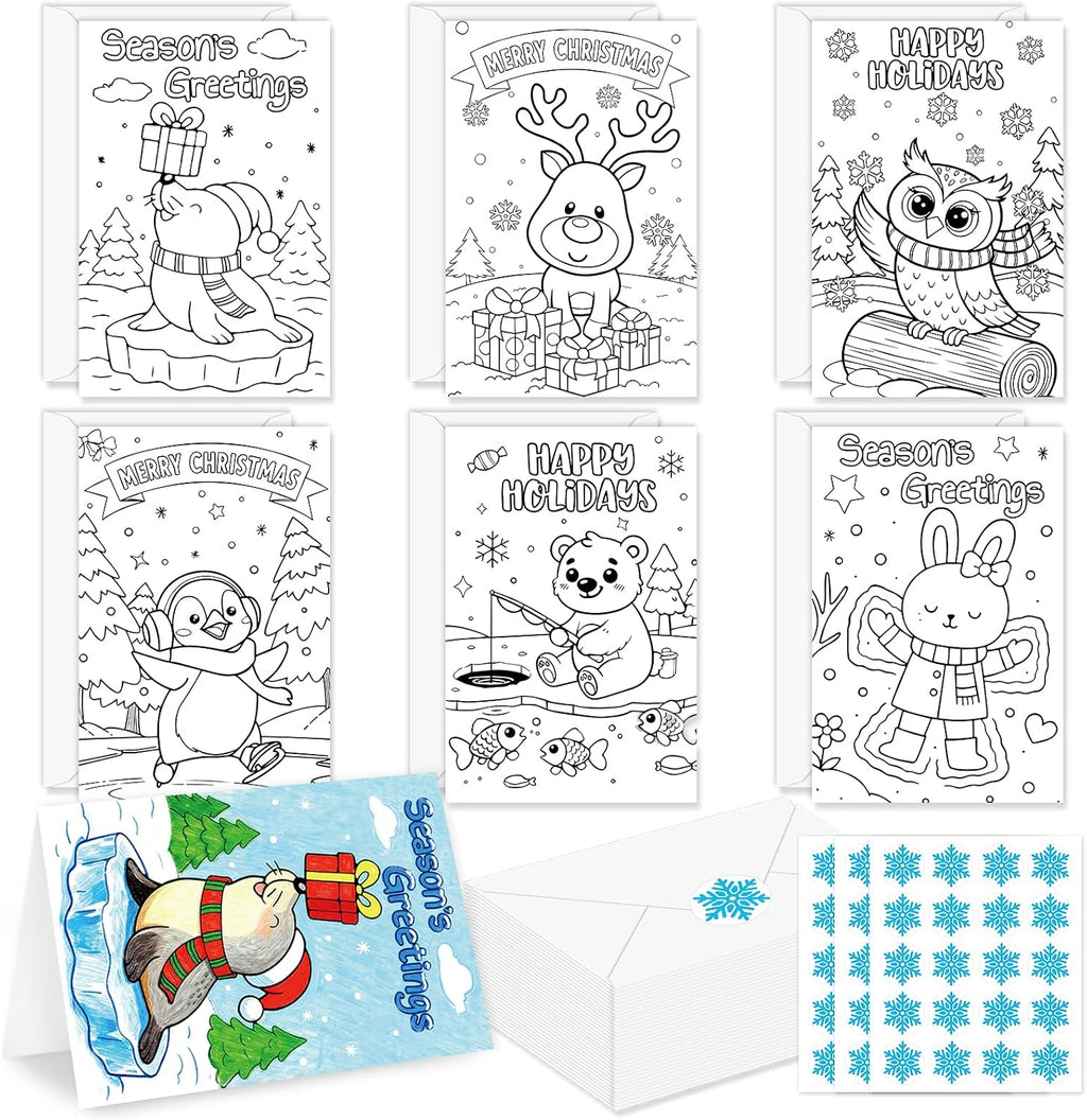 Whaline 24 Packs Winter Christmas Color Your Own Cards Greeting Card DIY Coloring Cartoon Animal Note Cards with Envelopes and Stickers for Xmas Holiday Baby Shower Student Crafts
