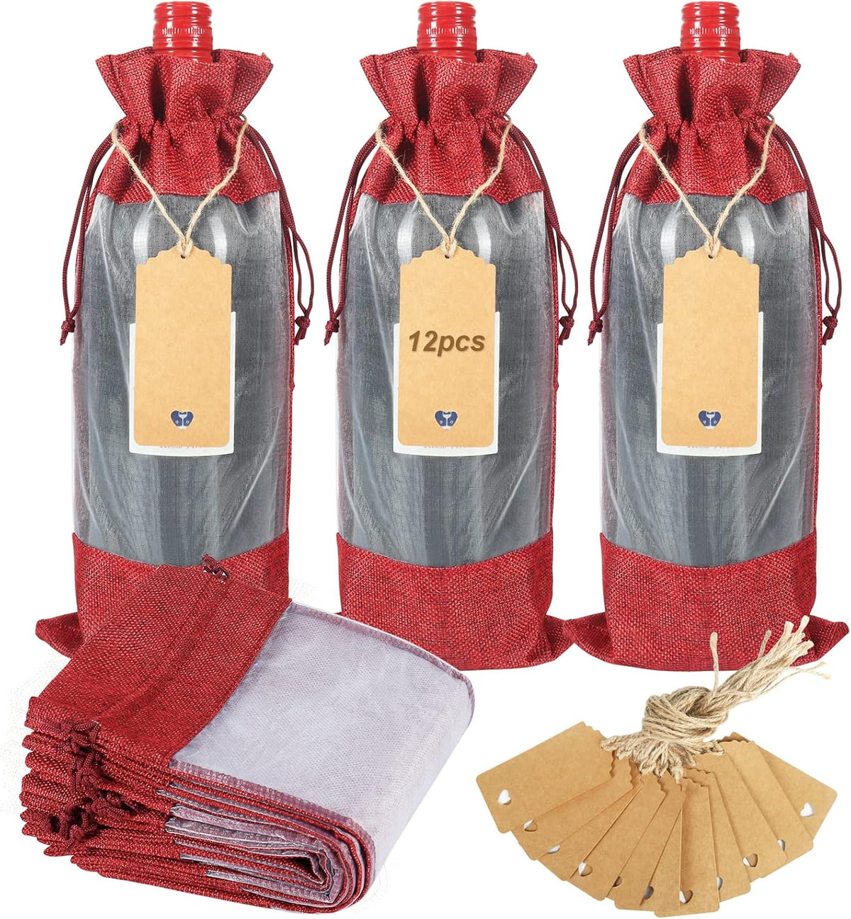 Shintop 12pcs Red Burlap Wine Gift Bags with Window and Tags