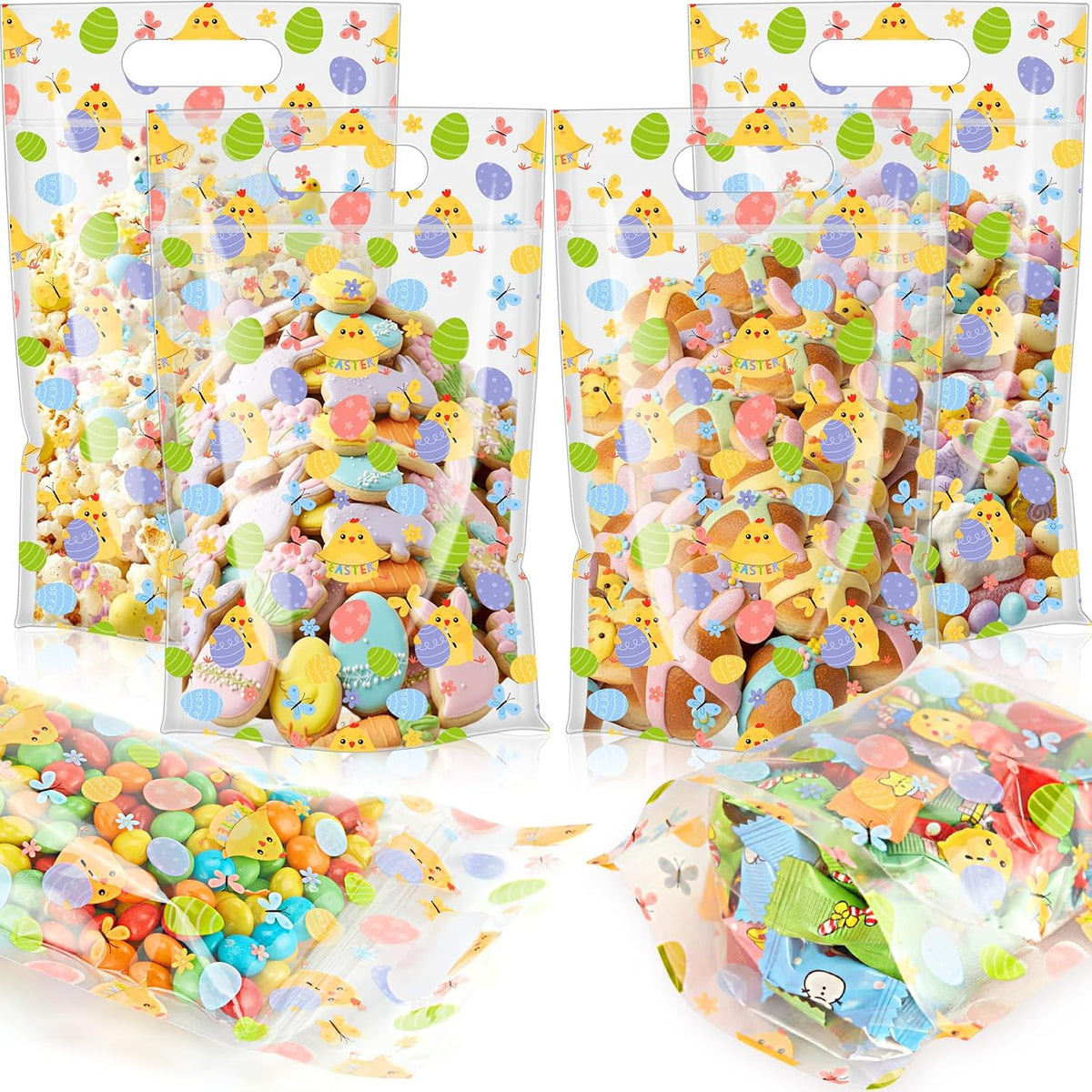 Engrowtic 50 Pcs Easter Treat Bags Reusable Easter Egg Zipper Bags Plastic Goodie Gift Bag Holiday Bag with Handles for Spring Party Favor Wrapping Supplies