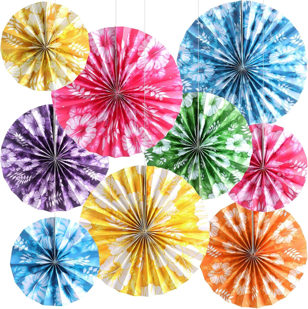 Outus 9 Pcs Tropical Hibiscus Paper Fans Hawaiian Party Decorations