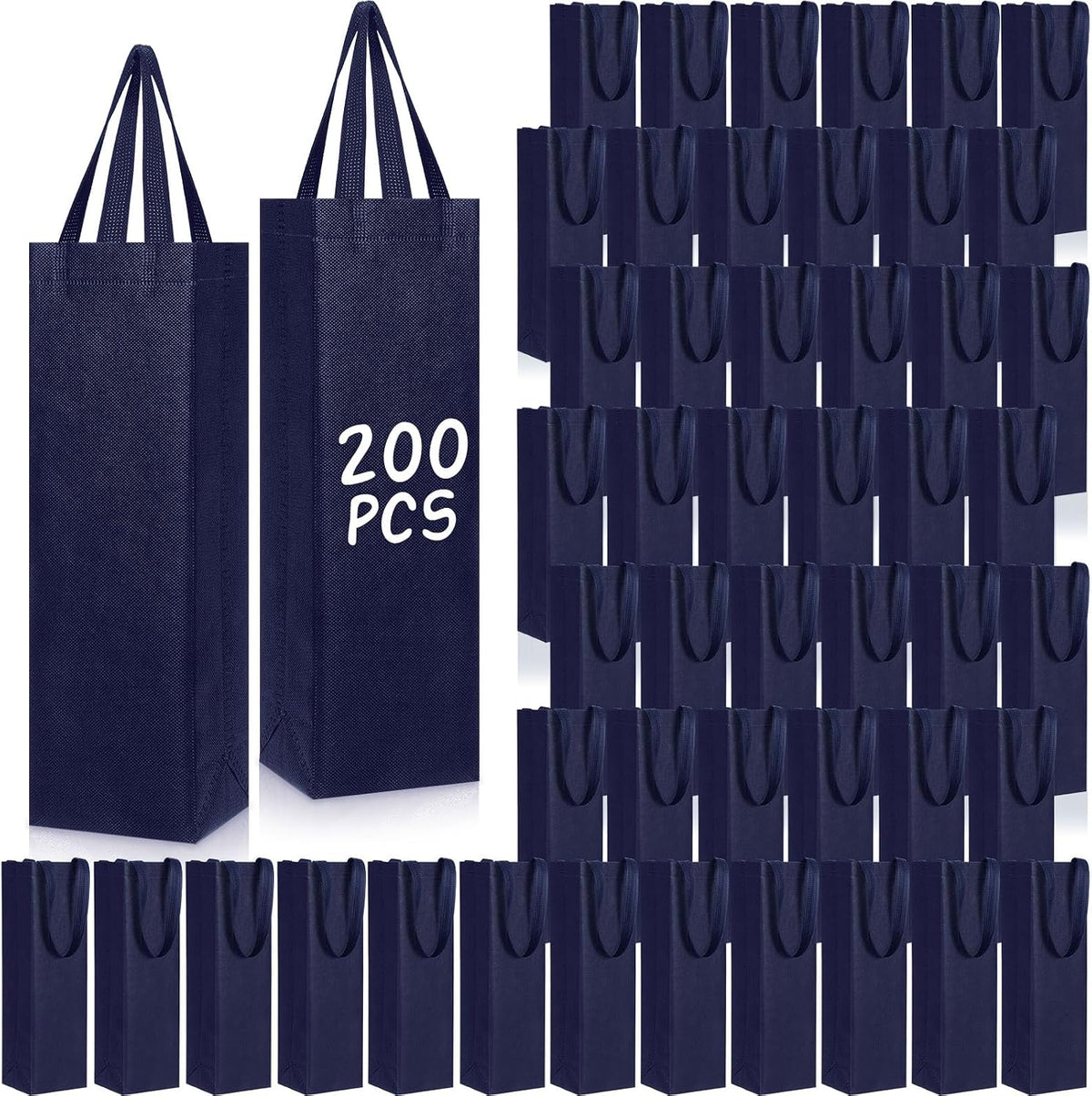 Windyun 200 Pcs Wine Gift Bags with Handle Reusable Small 13.8x3.5x3.9 Inches Liquor Bottle Totes Bulk for Birthday Wedding Christmas Holiday Party (Navy Blue)