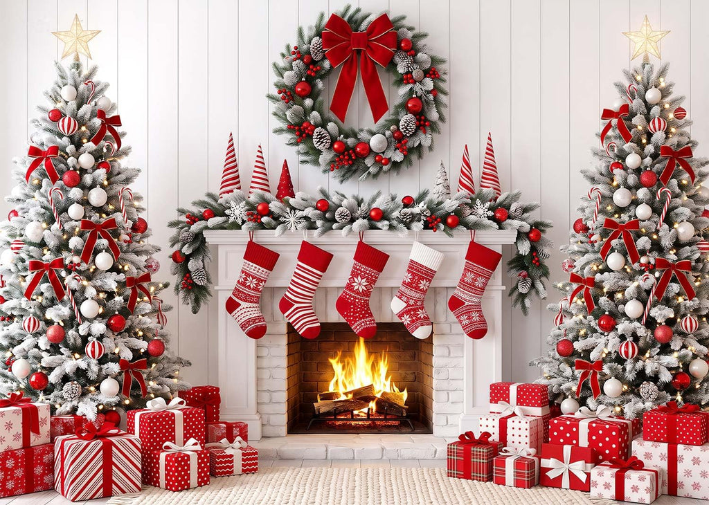 Christmas Photography Backdrop 7x5ft – Rustic Snowy Forest Barn Door with Xmas Tree, North Pole Winter Scene Fabric Photo Background for Family Party, Baby Holiday Photos