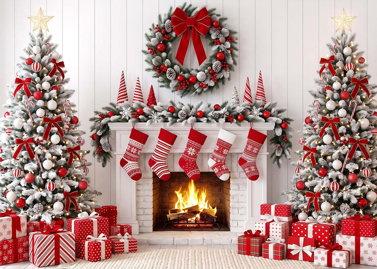 Christmas Photography Backdrop 12x8ft – Rustic Snowy Forest Barn Door with Xmas Tree, North Pole Winter Scene Fabric Photo Background for Family Party, Baby Holiday Photos