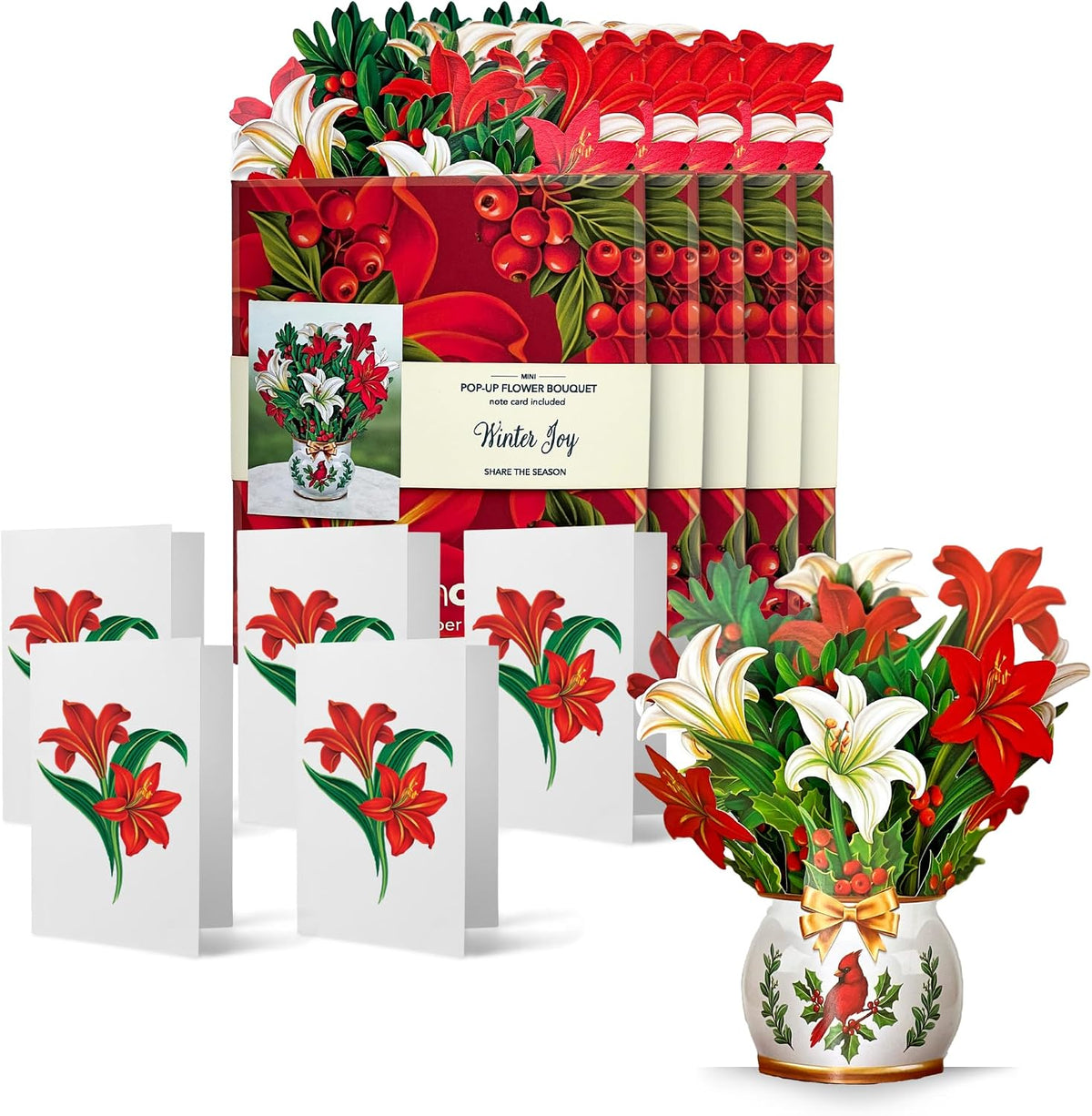 Freshcut Paper Pop Up Cards, Mini Winter Joy, 6 inch Mini Sized Paper Flower Bouquet 3D Popup Greeting Cards, Christmas Card, Holiday Card, Blank Notecards & Envelopes, Pack of 5