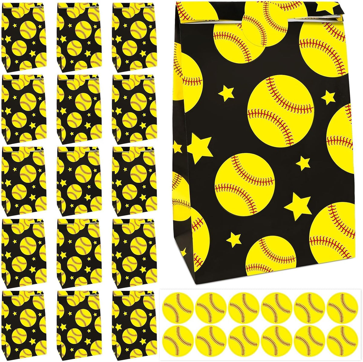 FEBSNOW 20Pcs Softball Paper Gift Bags with Stickers for Sport Party Favors