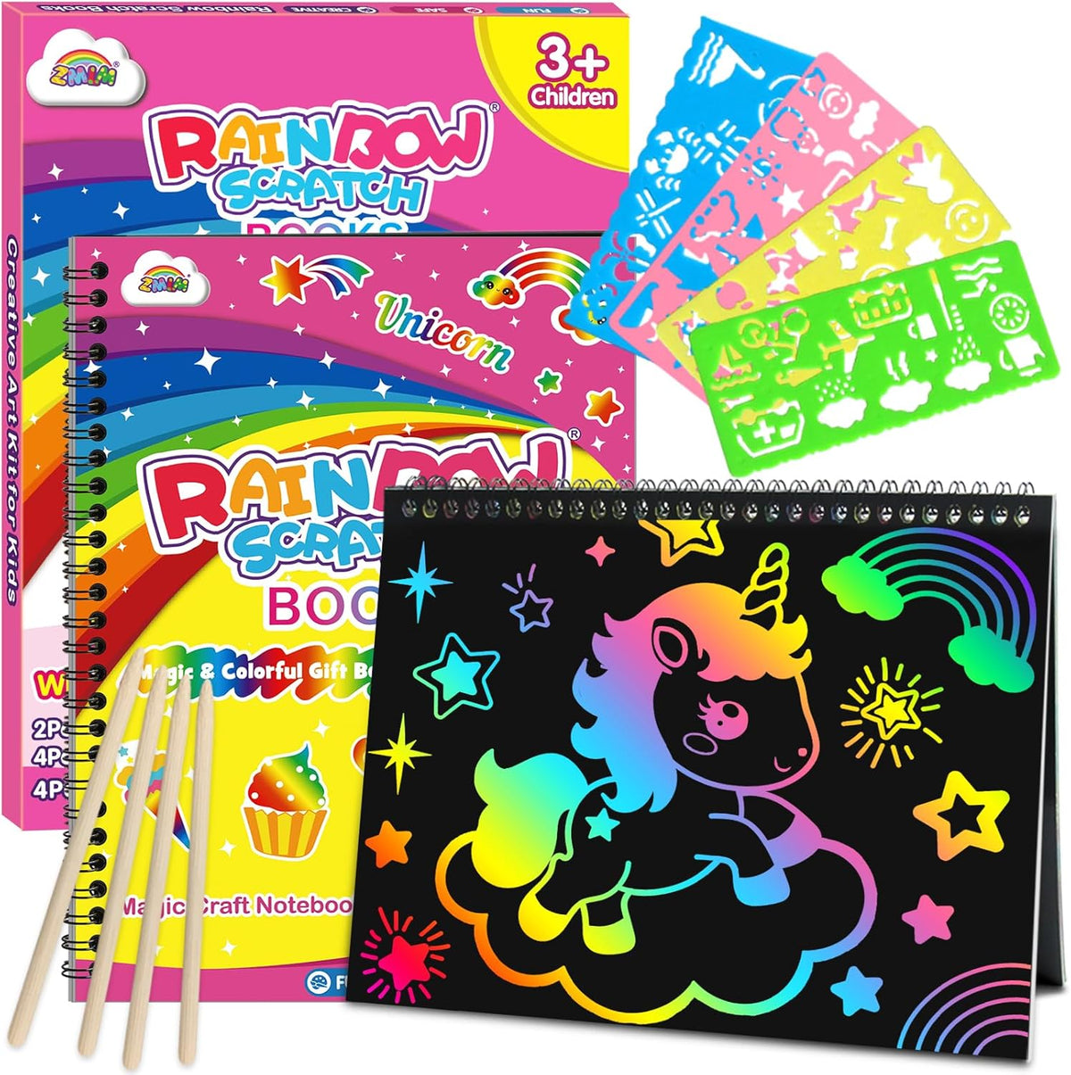 ZMLM Scratch Paper Art-Crafts Gift: 2 Pack Rainbow Notebooks Supplies Toys
