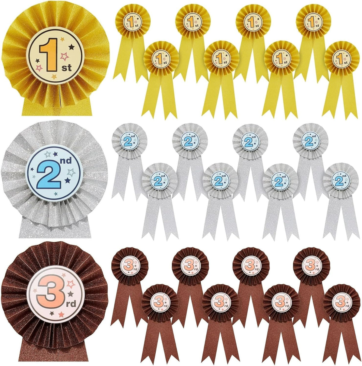 Juvale First Place Ribbons - 3.25-in Dia x 7.5-in, Gold, Silver & Bronze, Modern, 24-Pack - Peel & Stick Adhesive Polypropylene Rosettes - Field Day & Student Achievement Awards
