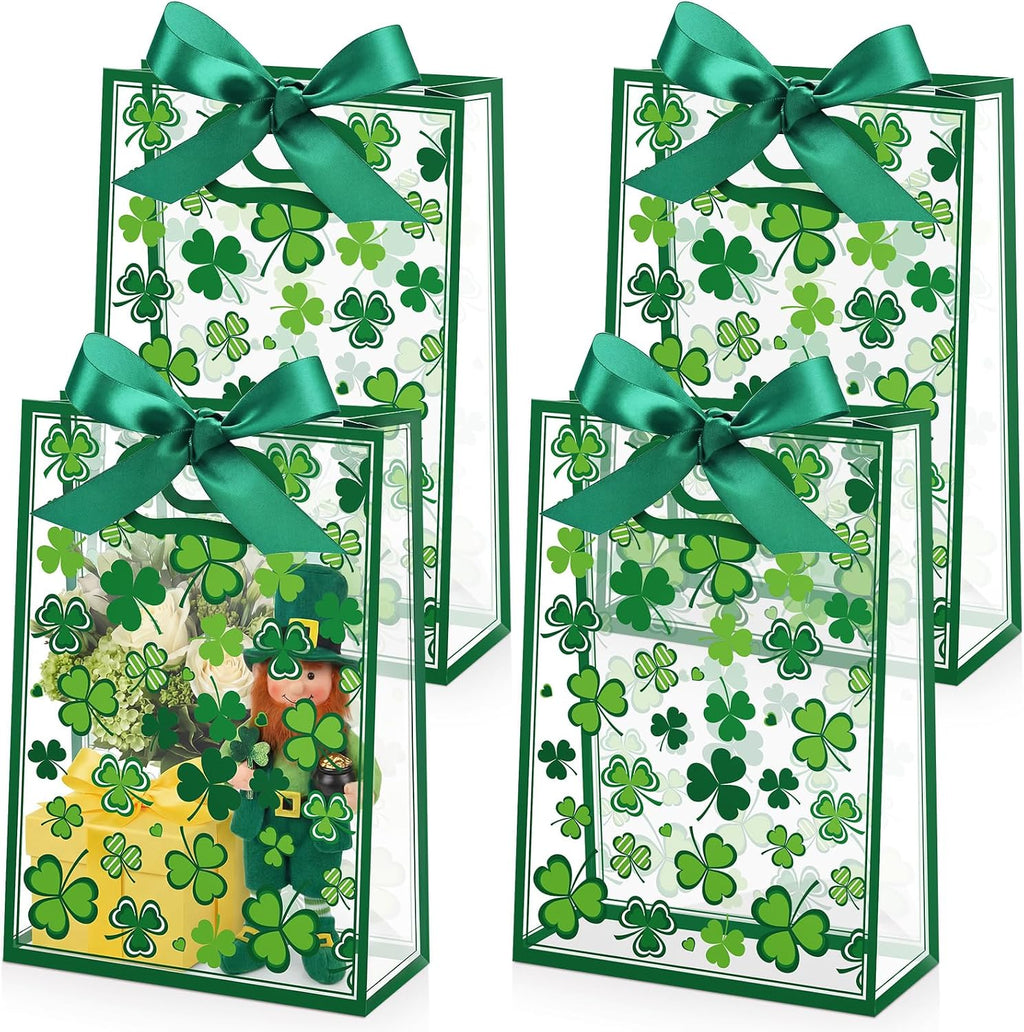 Capoda 24 Pack St Patrick's Day Shamrock Gift Bags with Handles Clover Party Favor Bag Reusable Plastic St Patricks Goodie Bags, 10x7x3 Inch Lucky Clover Treat Bag for Holiday Party Supplies