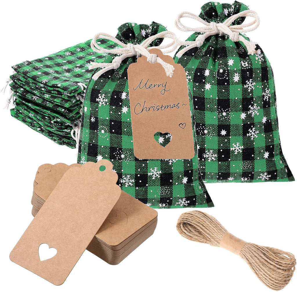 Shappy 24 Pcs Christmas Drawstring Gift Bags Xmas Buffalo Plaid Burlap Advent Bags 5.5 x 4 Inches Linen Treat Candy Bag with 32.8 ft Rope 24 Card(Black Green)