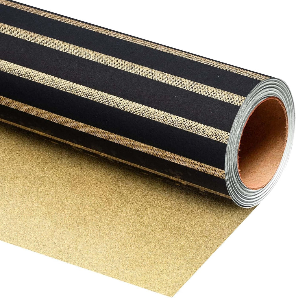 MAYPLUSS Black Wrapping Paper Roll, 17IN x 16.5FT Reversible Gold gift Wrap