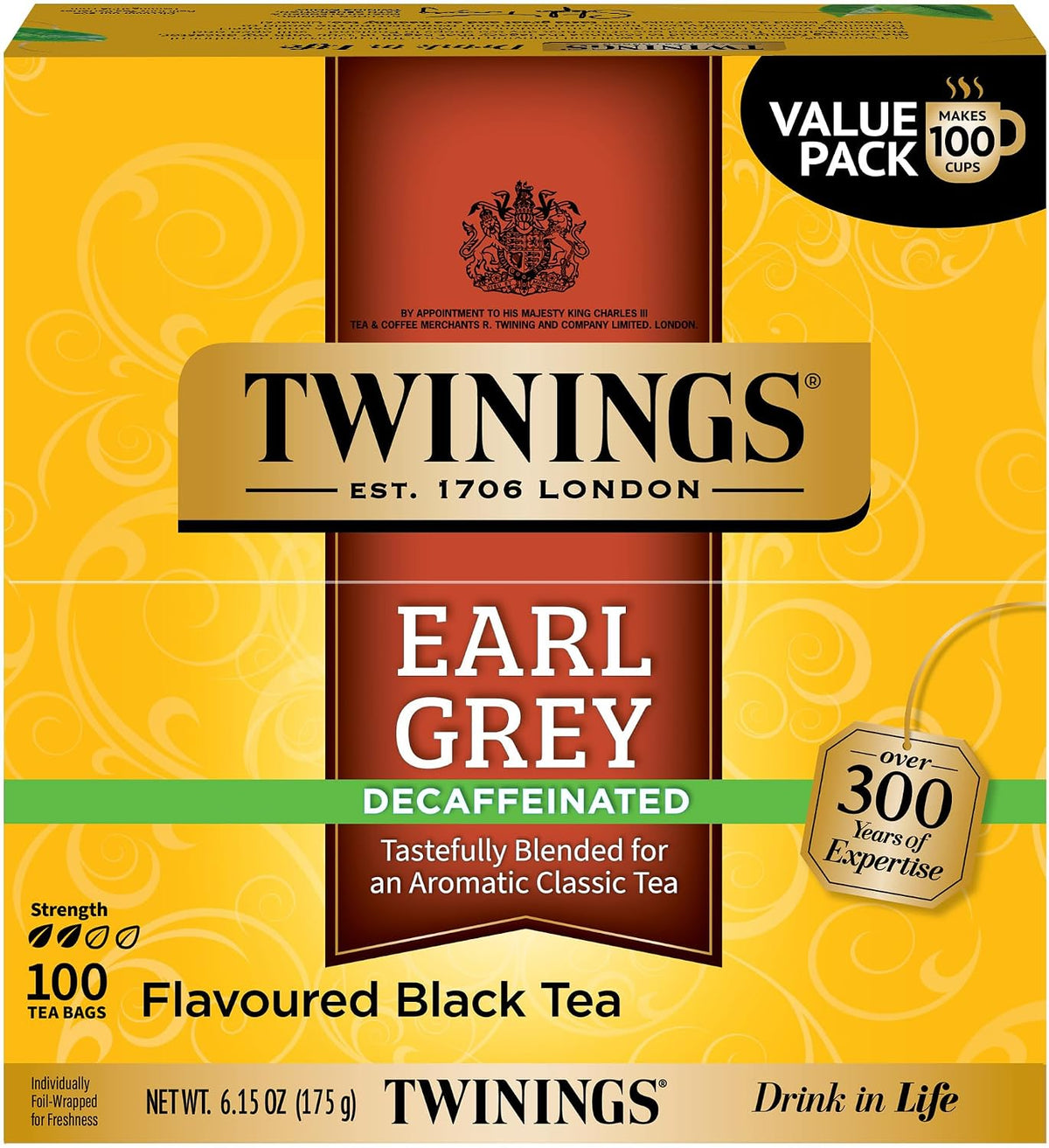 Twinings Decaffeinated Earl Grey Black Tea Individually Wrapped Bags, 100 Count (Pack of 1), Flavoured with Citrus and Bergamot, Enjoy Hot or Iced, 100 Teabags