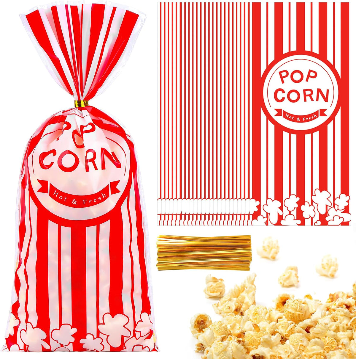 ZYLOP 100 Pcs Popcorn Treat Bags - 5" x 11" Red and White Striped Cellophane Candy Bags for Carnival Circus Theme Party, 100 Pcs Popcorn Goodie Bags with 60 Gold Twist Ties for Birthday, Movie Night