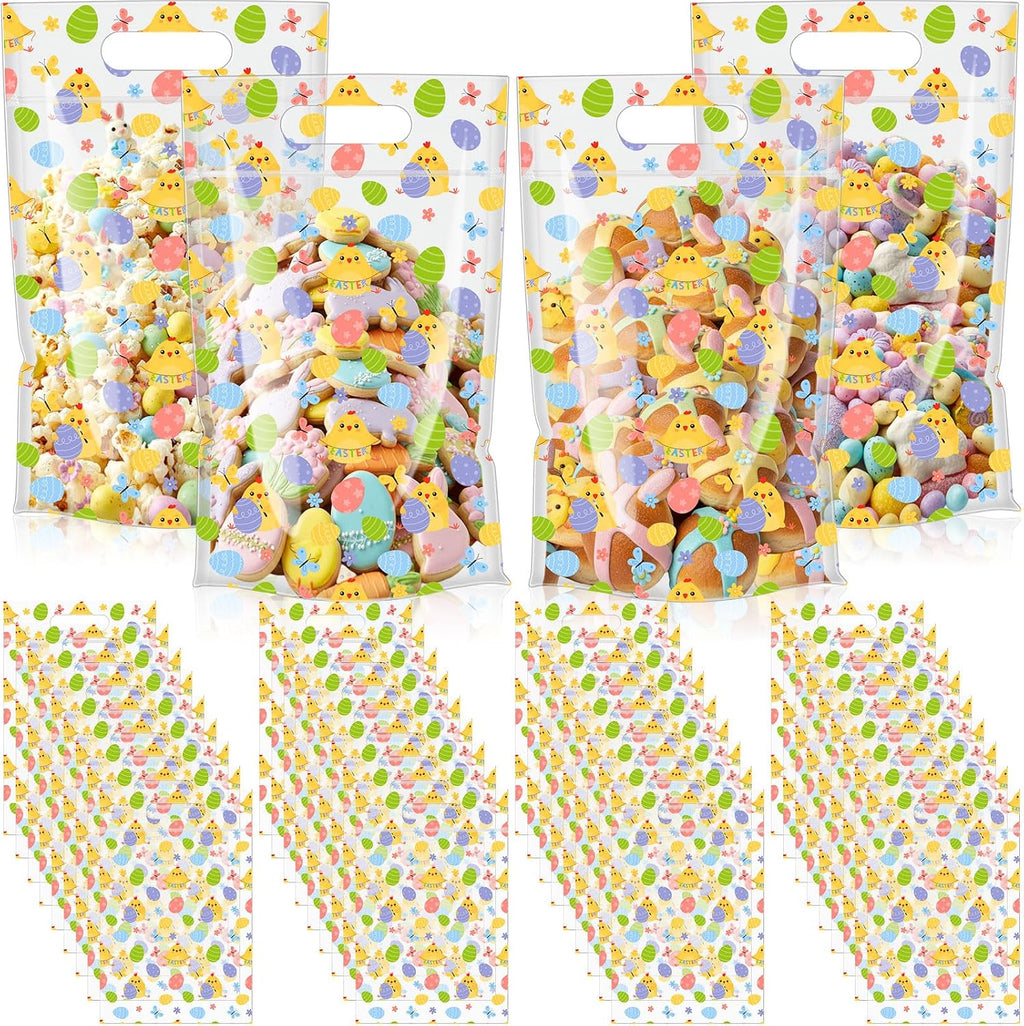 Engrowtic 100 Pcs Easter Treat Bags Reusable Easter Egg Zipper Bags Plastic Goodie Gift Bag Holiday Bag with Handles for Spring Party Favor Wrapping Supplies