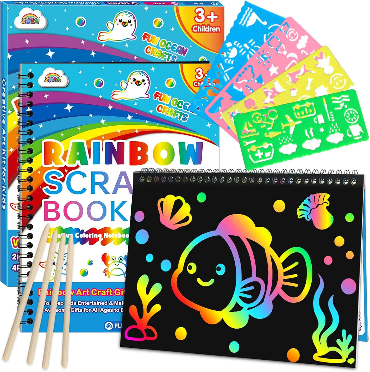 ZMLM Scratch Paper Art Craft: 2 Pack Rainbow Scratch Set for 3 4 5 6 7 8 9 10 Years Old Girls Boys Students Drawing Coloring Black Magic Art Supplies Kits Gifts School Birthday Party Toys (Ocean)