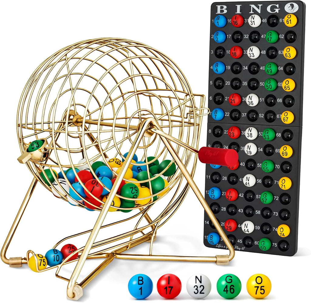 MR CHIPS 11" (Inch) Tall Professional Bingo Set with Steel Cage, Everlasting 7/8” Balls, Master Board for Balls - Luxury Gold Color