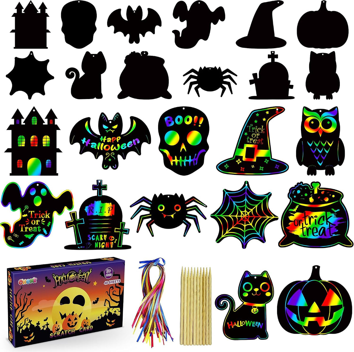 OHOME Halloween Party Favors - 48 PCS Magic Rainbow Scratch Paper Cards Set for Kids - Kids Halloween Games Crafts Treats Toys Gifts - Trick-or-Treat Activities Party Decorations Supplies
