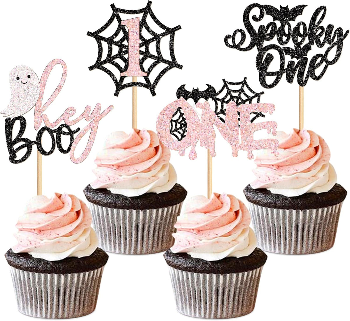 Ercadio 24Pcs Pink Spooky One Halloween Cupcake Toppers Ghost Spider Webs Cupcake Picks for Halloween Party Decorations Black Pink Halloween Girls Spooky One Birthday Cupcake Decorations