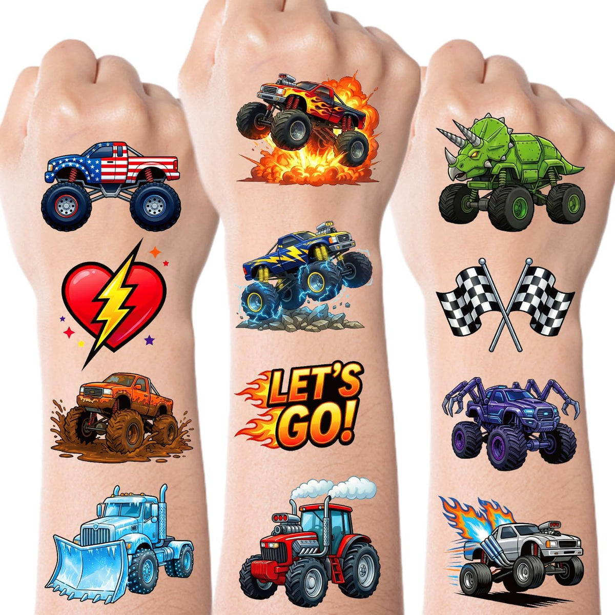 JCFIRE Monster Truck Temporary Tattoos for Kids Boys Age 4-7, Pre-cut Perforated No Scissors Needed, Diggers Construction Car Theme Birthday Party Favors Supplies Decorations Goodie Bag Stuffer