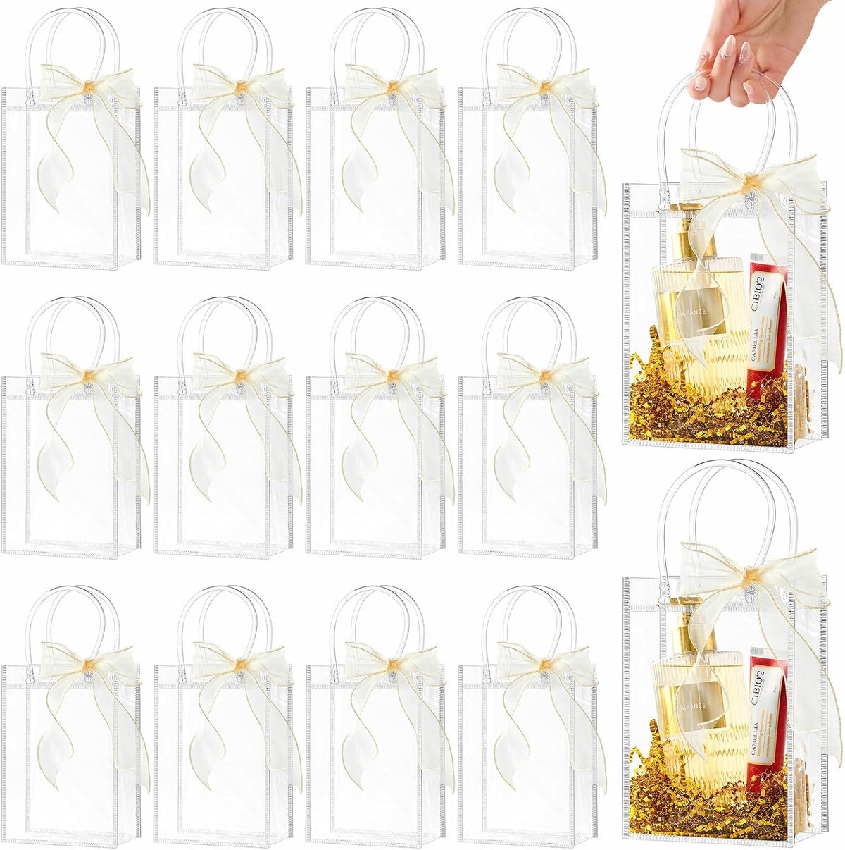 Ohuimrt 50 Pack 4.9" x 3.15" x 7.5" Clear Plastic Gift Bags with Handles