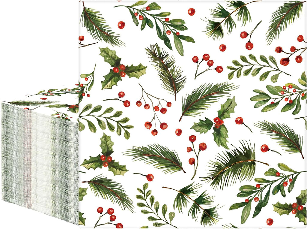 50 PCS Christmas Luncheon Napkins Xmas Berries and Pine Disposable Napkins 3-Ply Holly Berry Greenery Paper Napkins for Christmas Home Kitchen Holiday party Supplies