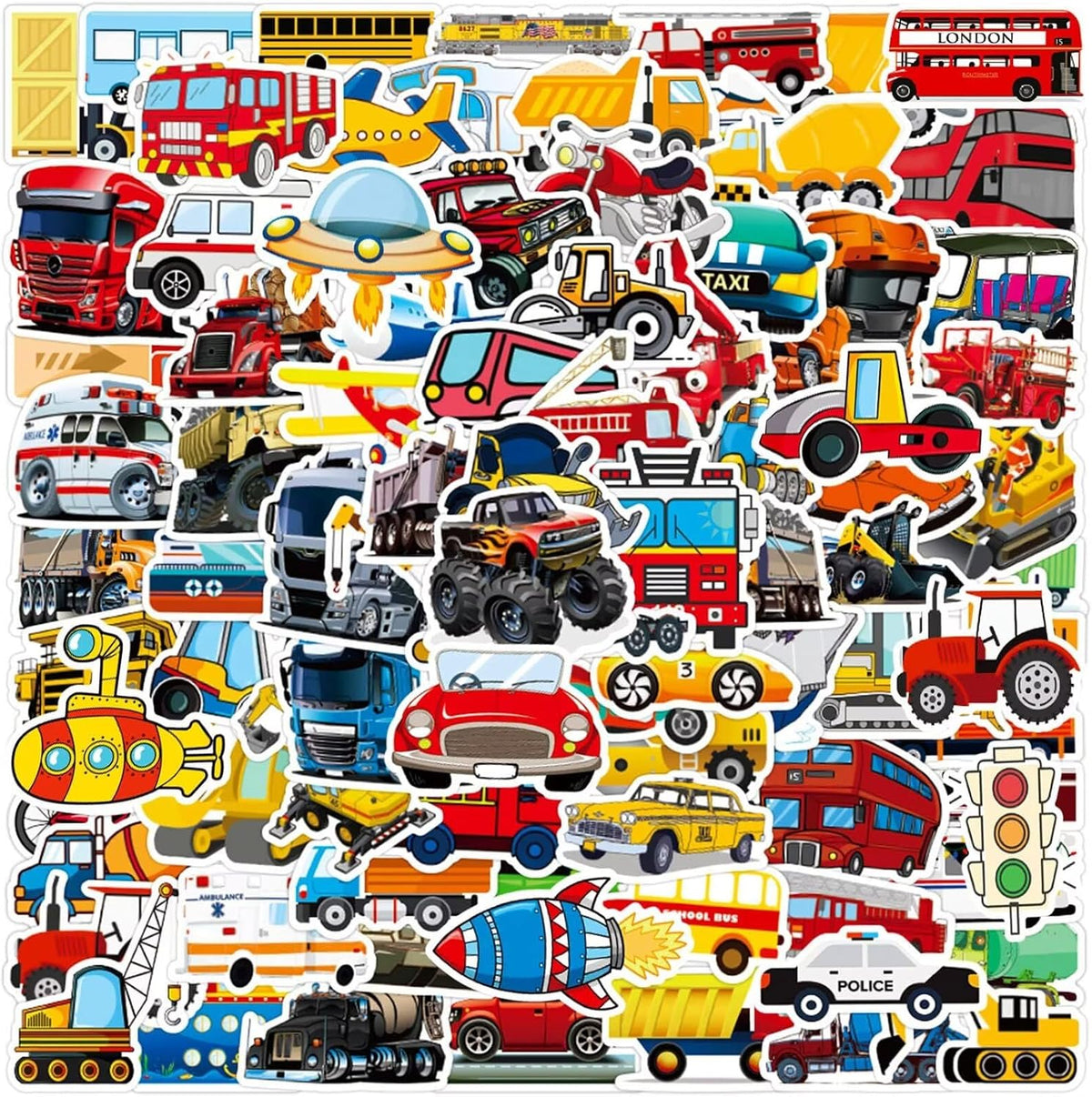 DothRayan Car Stickers for Water Bottles, 100 Pcs Transportation Vehicle Truck Stickers for Kids Boys, Vinyl Waterproof Truck Sticker for Teaching Aids for School and Home, Rewards and Gifts