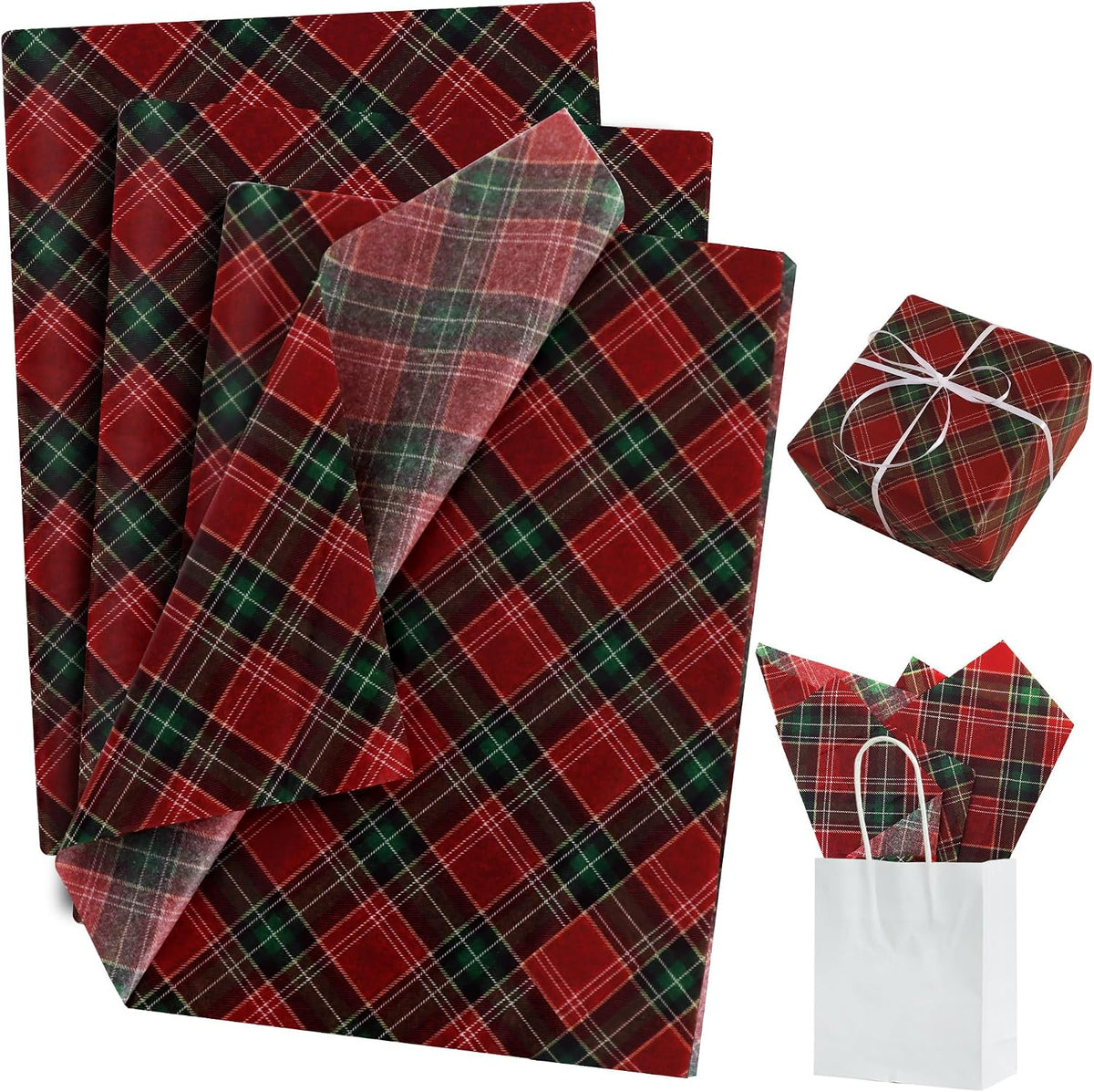 BEISHIDA Christmas Gingham Tissue Paper Bulk，Red and Green Buffalo Plaid Wrapping Tissue Paper for Gift Bags, 14 x 20 Inch Gift Wrap for Christmas Party DIY Crafts Decor Holiday Flowers-50pcs