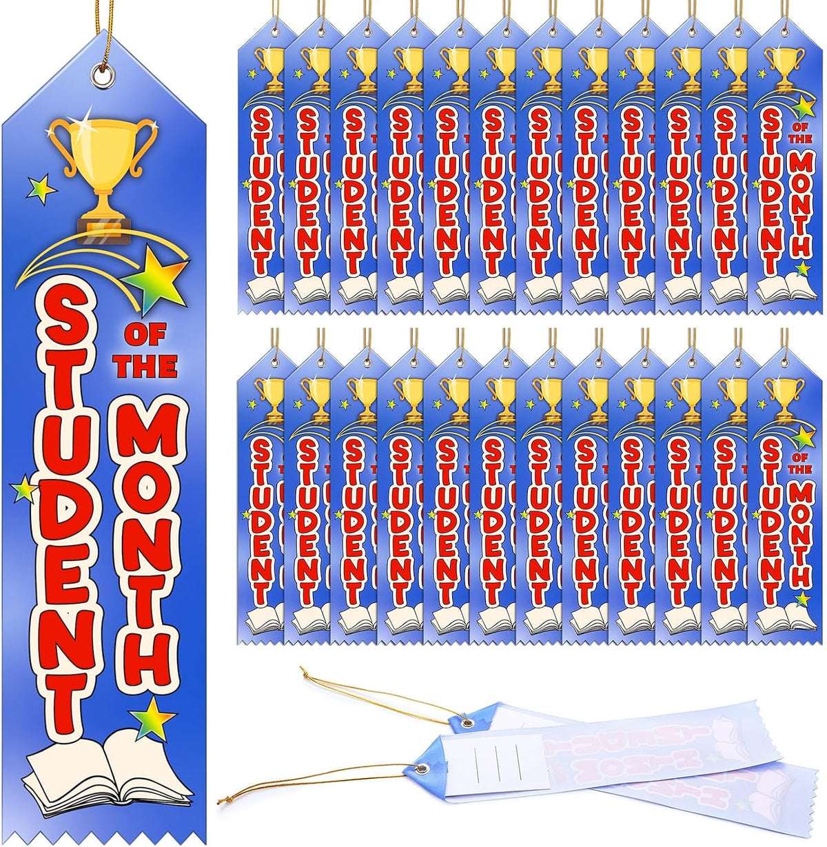 Wavwavw 100 Pcs Student of the Month Award Ribbons Bulk 8" x 2" Prizes Ribbons with Event Card and String Award Prize Gift for Tournaments Competitions Party Classroom Home Study Supplies