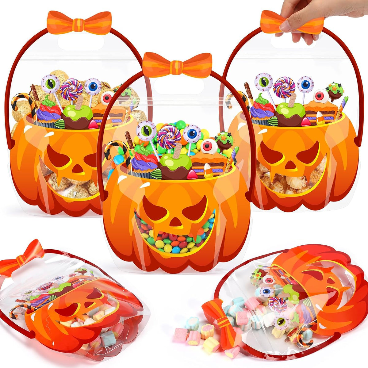 Fuutreo 25 Pcs Halloween Treat Bags with Handles, Pumpkin Plastic