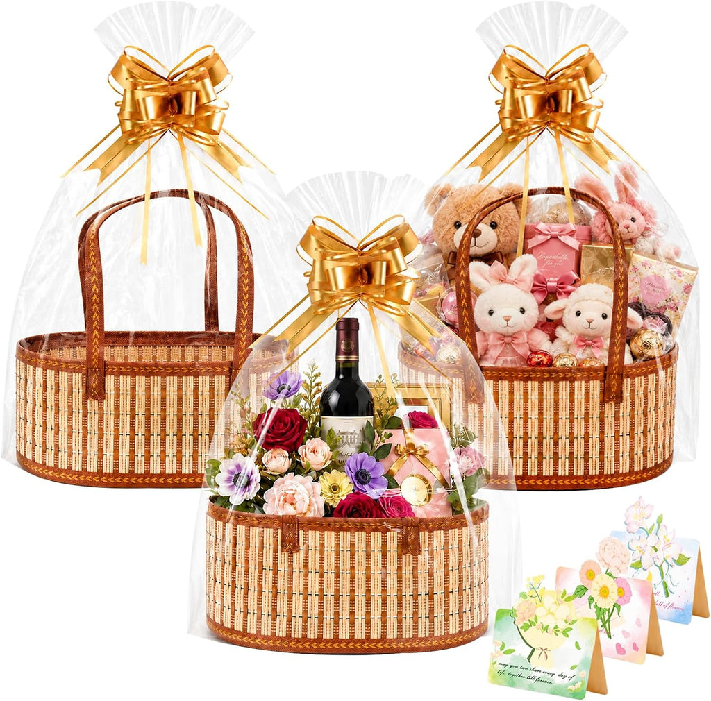 3 Pack Baskets for Gifts Empty, Large Bamboo Woven Gift Basket with Handles, Reusable DIY Gift Baskets Empty Kit with Wrap Bags, Pull Bows and Cards for Christmas, DIY Holiday, Birthday, Registry Gifts