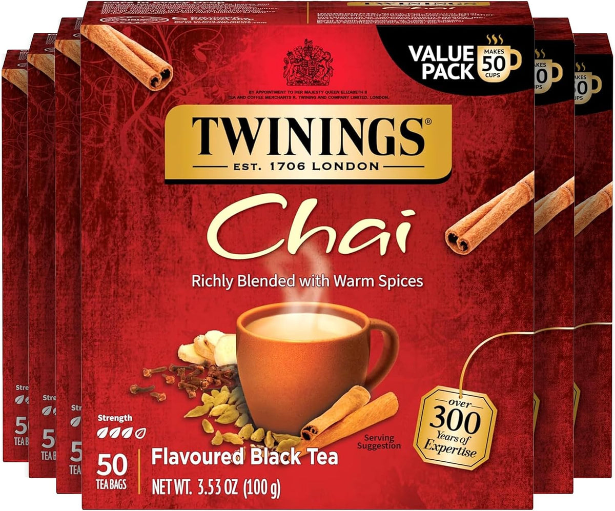 Twinings Chai Black Tea Individually Wrapped Bags, 50 Count (Pack of 6), Sweet, Savoury Spices, Caffeinated, Enjoy Hot or Iced, 300 Teabags