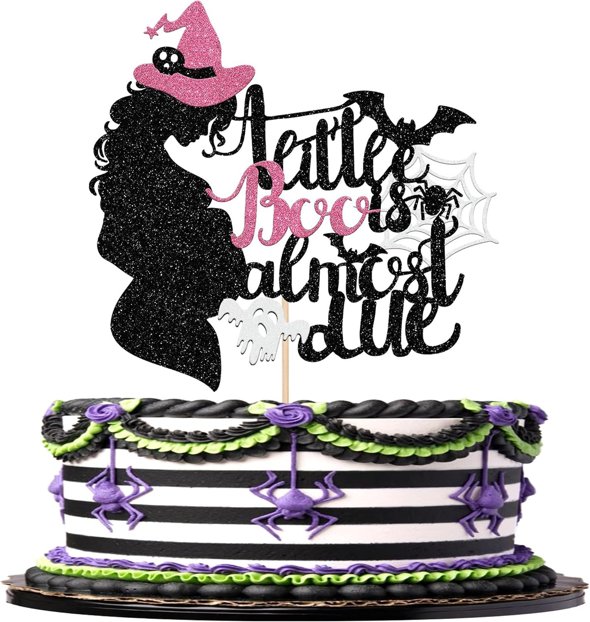 1 PCS A Little Boo is Almost Due Cake Topper Pink Glitter Halloween Baby Shower Cake Pick Spider Bat Ghost Boo Cake Decoration for Halloween Baby Shower Theme Birthday Party Cake Decorations Supplies