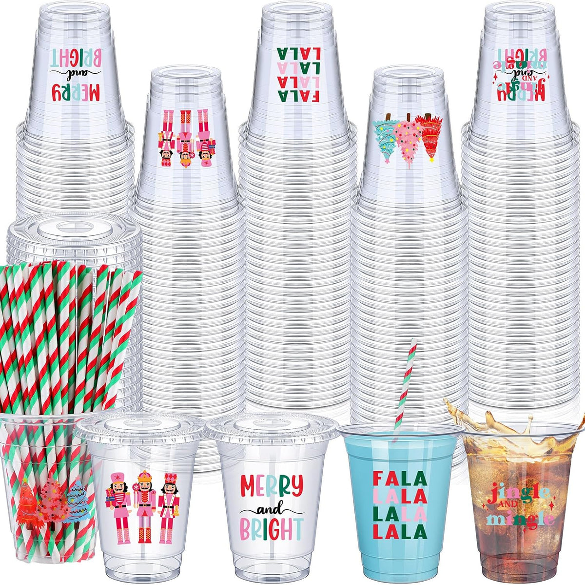 Jingmore 50 Sets Christmas Disposable Plastic Cups with Lids and Straws