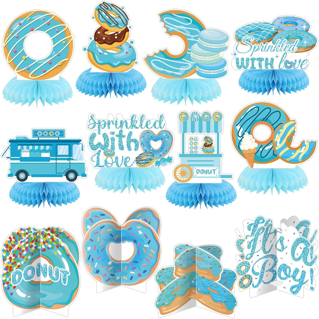 Chiisong 12 Pcs Donut Sprinkle Honeycomb Centerpieces for Boy Donut Baby Shower Decorations Blue Sprinkled Love Centerpiece Doughnut Table Decorations for Baby Shower Welcome Boy Newborn Photo Props