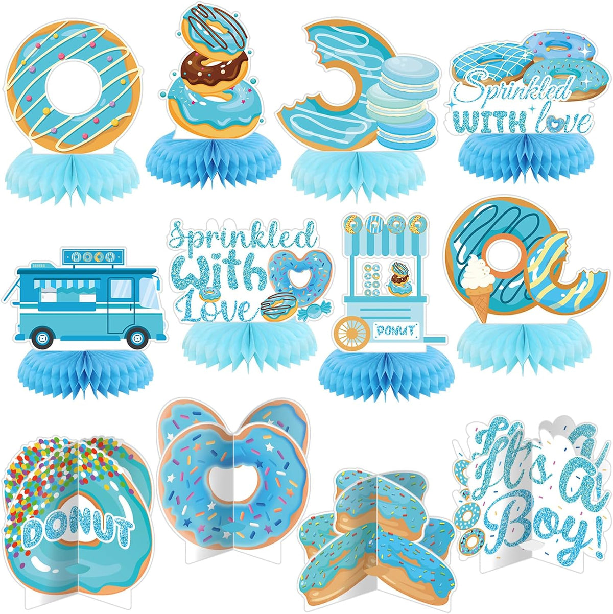 Chiisong 12 Pcs Donut Sprinkle Honeycomb Centerpieces for Boy Donut Baby Shower Decorations Blue Sprinkled Love Centerpiece Doughnut Table Decorations for Baby Shower Welcome Boy Newborn Photo Props