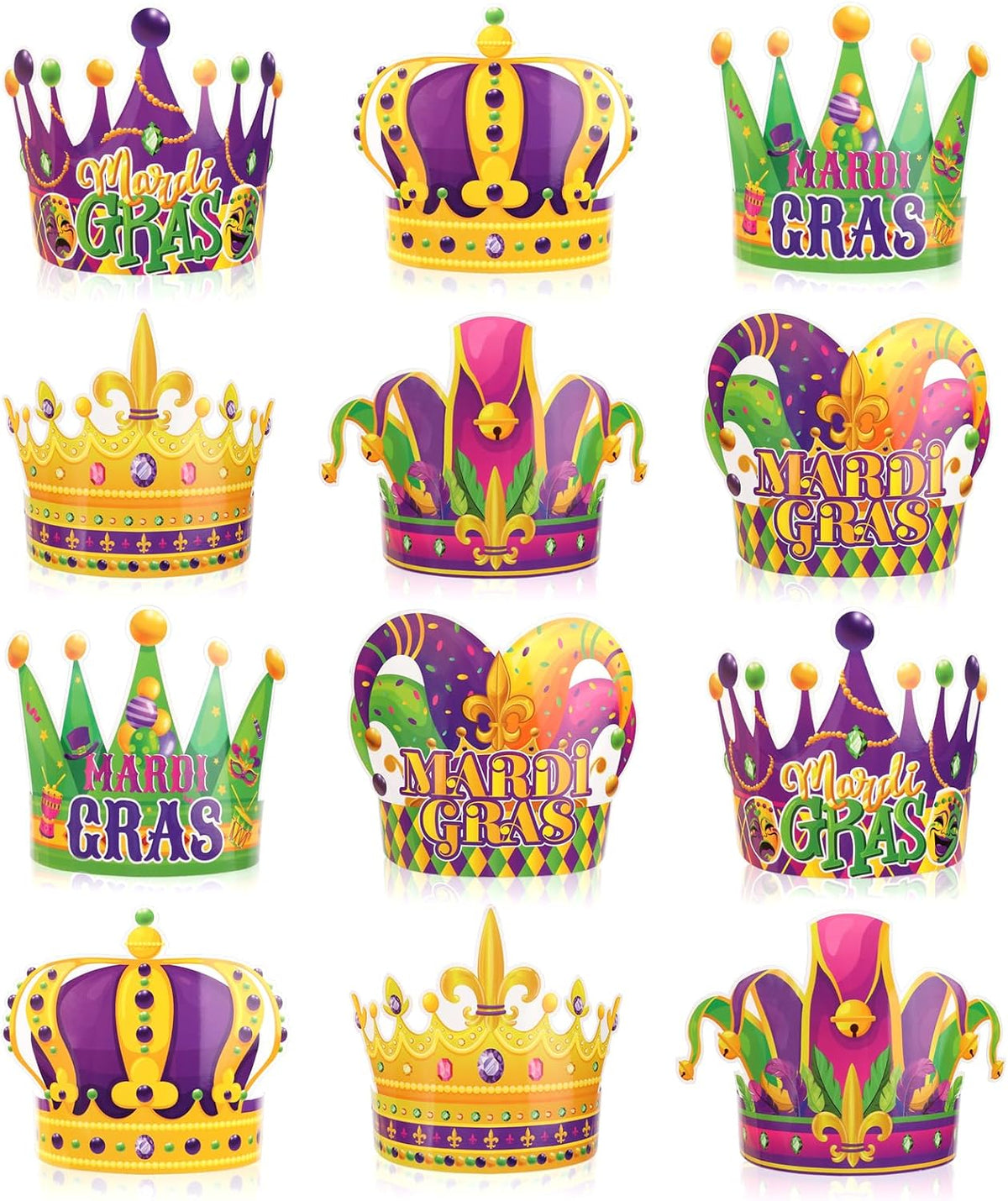 Qpout 24pcs Mardi Gras Crown Headband Carnival Party Paper Hat Headpiece Photo Booth Props Kits Mardi Gras Crowns for Carnival New Orleans Party Favors Supplies Decoration